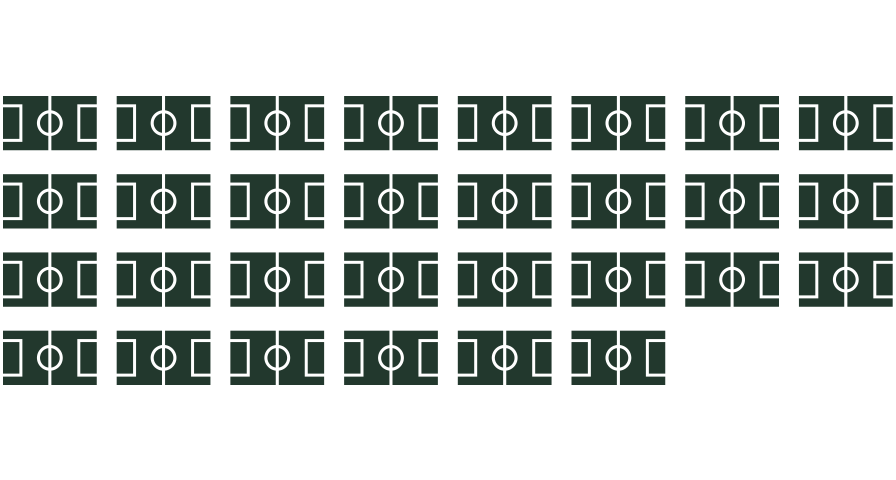 Abbildung mit 30 stilisierten Fußballfeldern in fünf Reihen und sechs Spalten.
