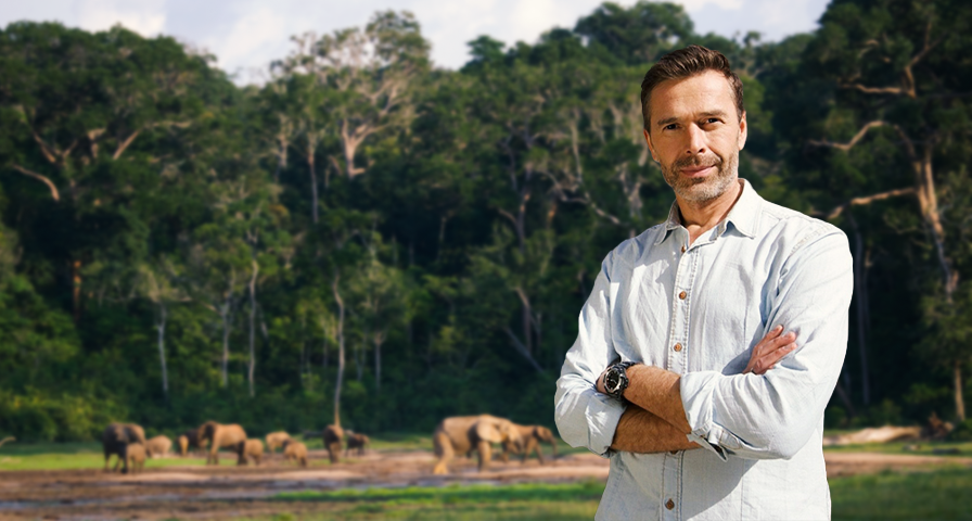 Dirk Steffens trägt ein hellblaues Hemd und Armbanduhr, steht vor einer Waldlandschaft mit Elefanten.