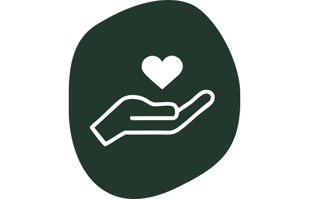 Symbol einer Hand, darüber schwebt ein Herz.