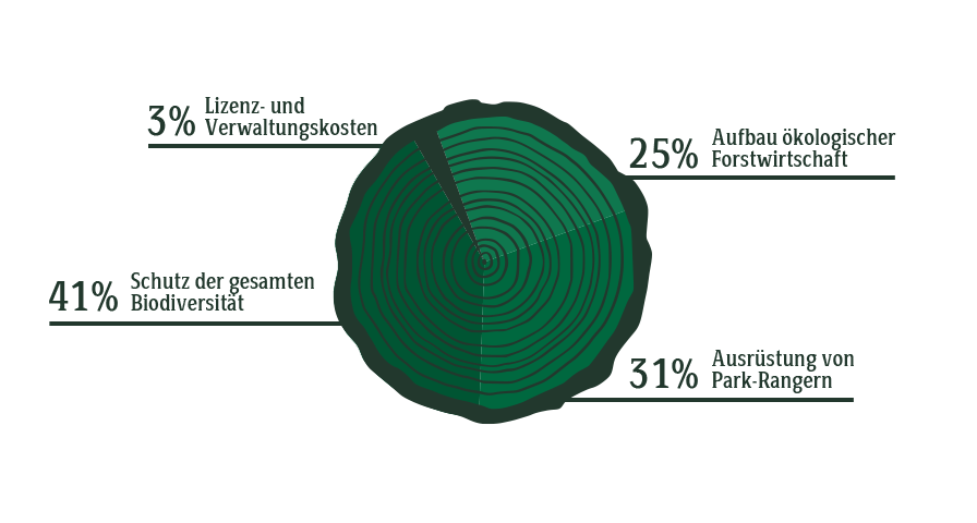 Kreisdiagramm zeigt Verteilung der Gelder: 41% Schutz der Biodiversität, 31% Ausrüstung von Park-Rangern, 25% Aufbau ökologischer Forstwirtschaft, 3% Lizenz- und Verwaltungskosten.