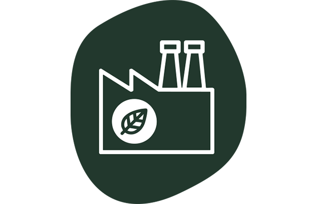 Symbol einer Fabrik mit zwei Schornsteinen und einem Blatt.