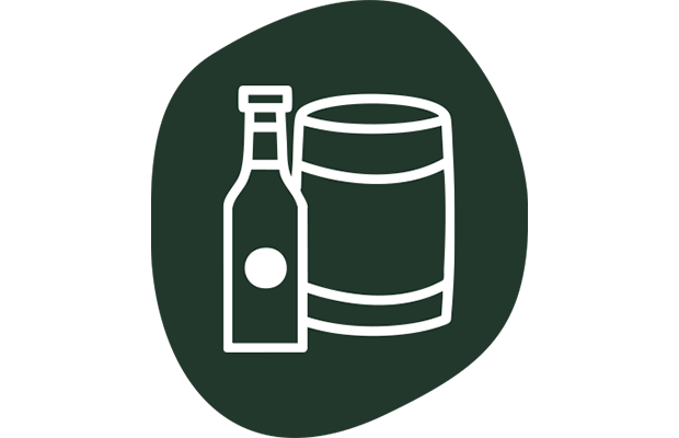 Symbol einer Flasche und eines Fasses nebeneinander.