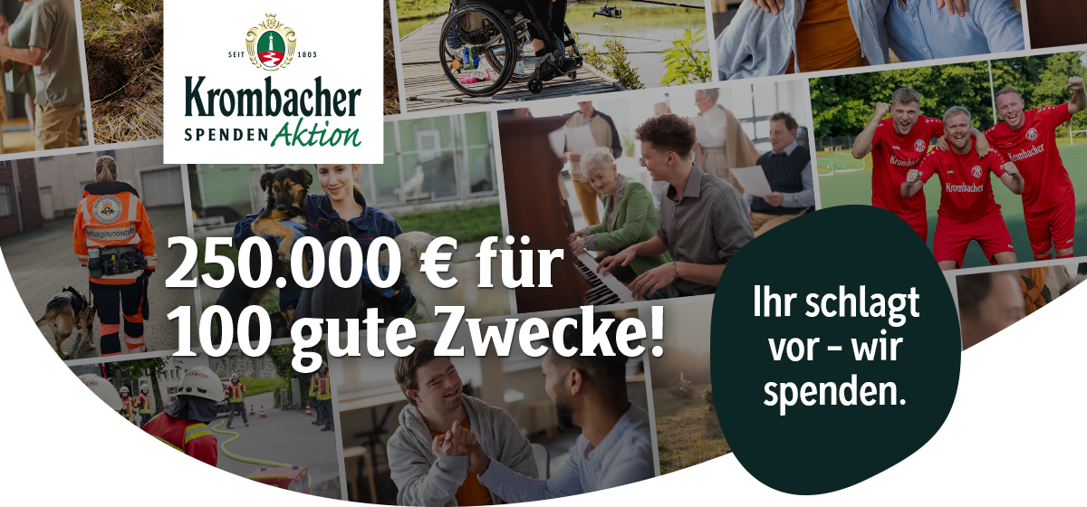 Werbeplakat für die Krombacher Spendenaktion mit 250.000 € für 100 gute Zwecke, umgeben von Bildern verschiedener sozialer Projekte und gemeinnütziger Aktivitäten.