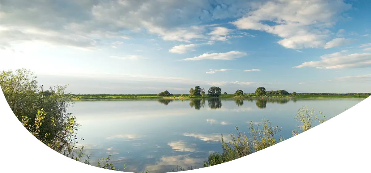 Ruhiger See in dem sich Bäume und Landschaft spiegeln. Im Hintergrund stehen vereinzelt Bäume, der Himmel ist blau und leicht bewölkt.