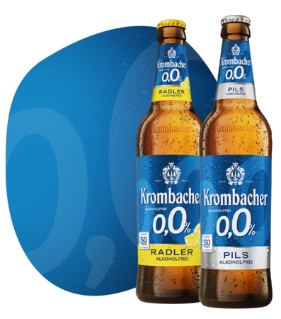 Abbildung Krombacher o,0% Pils Alkoholfrei und o,0% Radler Alkoholfrei.