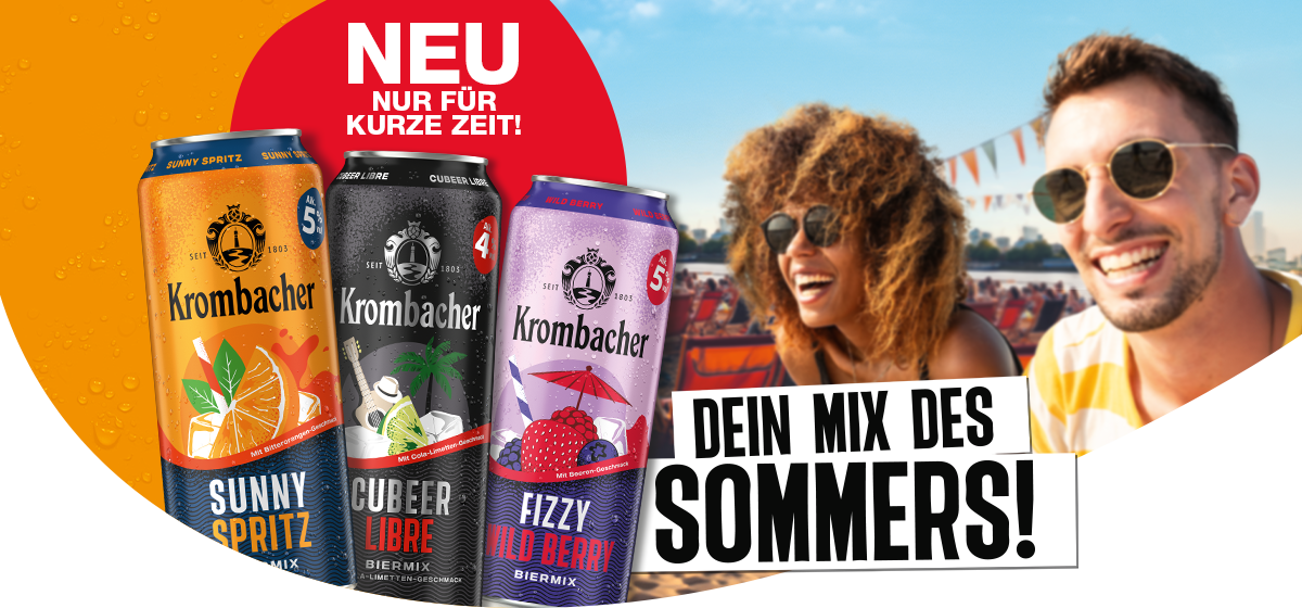 Drei Dosen Krombacher Biermix mit den Sorten Sunny Spritz, Cubeer Libre und Fizzy Wild Berry vor orange-rotem Hintergrund neben zwei lächelnden Personen mit Sommerdeko im Hintergrund und dem Text 'Neu nur für kurze Zeit! Dein Mix des Sommers!'