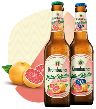 Abbildung 0,33l Flaschen Krombacher Naturradler Grapefruit und Naturradler Grapefruit o,0%.