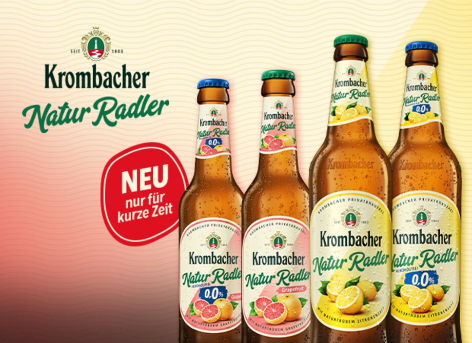 0,5l und 0,33l Flaschen Krombacher Naturradler und Naturradler o,0% in den Sorten Grapefruit und Zitrone mit Früchten vor gelben Hintergrund mit NaturRadler Logo.