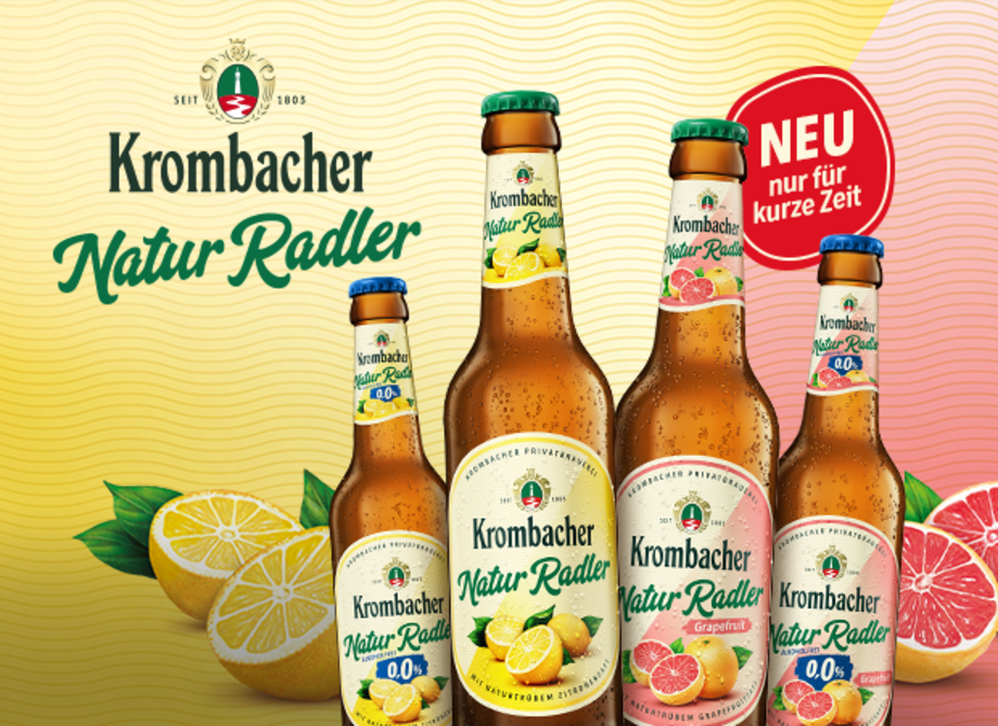 0,5l und 0,33l Flaschen Krombacher Naturradler und Naturradler o,0% in den Sorten Grapefruit und Zitrone mit Früchten vor gelben Hintergrund mit NaturRadler Logo.