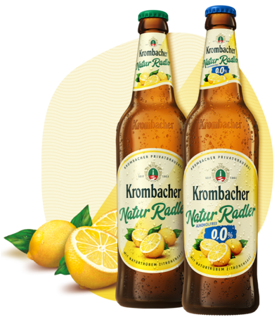 Abbildung 0,5l Flaschen Krombacher Naturradler und Naturradler o,0%.