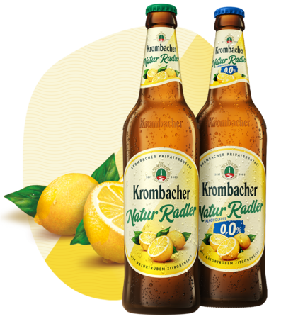 Abbildung 0,5l Flaschen Krombacher Naturradler und Naturradler o,0%.