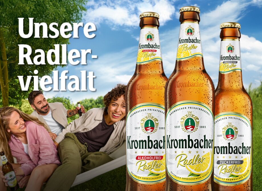 Unsere Radlervielfalt: Krombacher Radler Alkoholfrei, Radler und Radler Zuckerfrei in Glasflaschen.