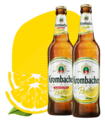 Zwei Flaschen Krombacher Radler und Krombacher Radler Alkoholfrei vor einer stilisierten Zitronenscheibe.