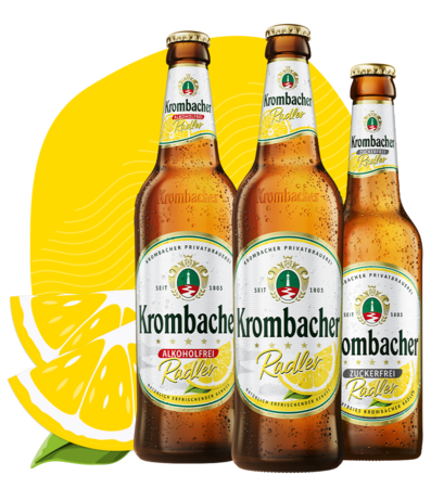 Abbildung Krombacher Radler, Radler Alkoholfrei, Radler Zuckerfrei.