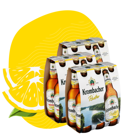 Abbildung Krombacher Radler, Radler Alkoholfrei, Radler Zuckerfrei im Sixpack.