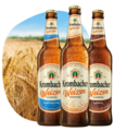 Krombacher Weizen Alkoholfrei, Naturtrüb und Dunkel vor einem Weizenfeld.