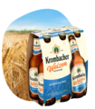 Krombacher Weizen Naturtrüb Alkoholfrei im Sixpack mit Weizenfeld im Hintergrund.