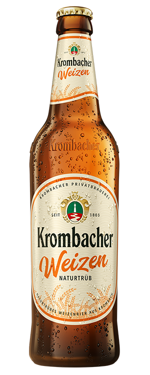 Krombacher Weizen Naturtrüb in der Mehrweg-Glasflasche.