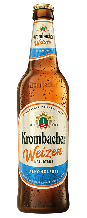 Krombacher Weizen Naturtrüb Alkoholfrei in der Mehrweg-Glasflasche.