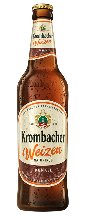 Krombacher Weizen Naturtrüb Dunkel in der Mehrweg-Glasflasche.