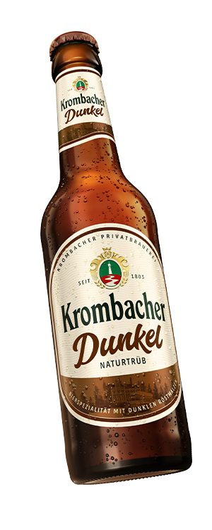 Braune Bierflasche mit dem Etikett 'Krombacher Dunkel Naturtrüb'.