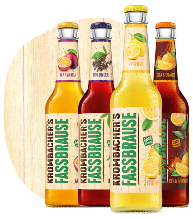 Abbildung Krombacher's Fassbrause Zitrone, Cola & Organge, Maracuja und Holunder.