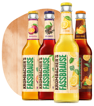 Abbildung Krombacher's Fassbrause Zitrone, Cola & Organge, Maracuja und Holunder.