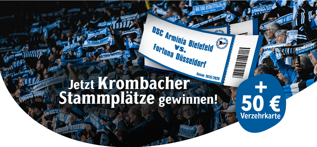 Stadionbild mit jubelnden Arminia Bielefeld Fans und der Aufschrift gewinnen Krombacher Stammplätze