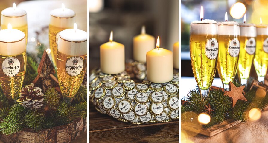 Drei Bilder zeigen festlich dekorierte Tische mit Kronenbourg Bier in eleganten Gläsern, umgeben von Kerzen und Tannenzweigen. Die Gläser sind mit 'Kronenbourg' beschriftet und die Dekoration umfasst auch Weihnachtssterne.
