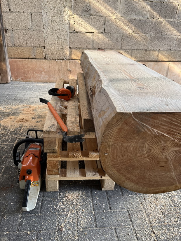 Ein dicker Holzstamm liegt auf einer Holzpalette, umgeben von Holzspänen. Eine orangefarbene Kettensäge steht neben dem Stamm.
