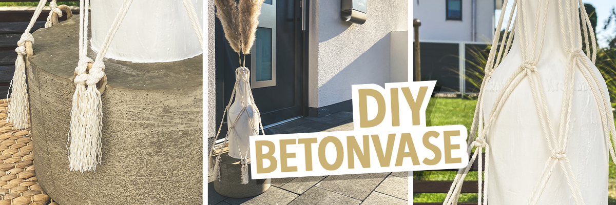 Zwei große, weiße Betonvasen mit Makramee-Umwicklung stehen im Freien. Darunter steht der Text 'DIY BETONVASE'.