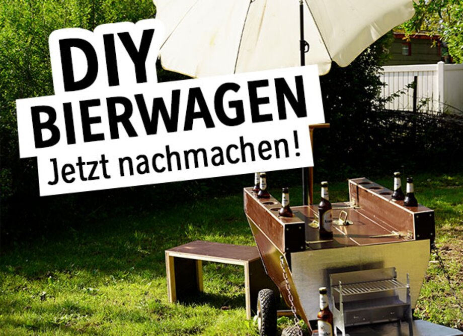 Holzbierwagen aus Holz mit Flaschenhalter mit Text: DIY Bierwagen.