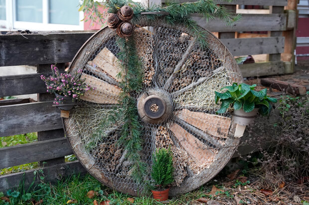 Rundes Wagenrad als Insektenhotel.