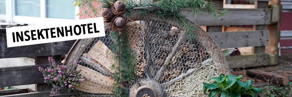 Rundes Insektenhotel steht an einem Zaun mit Text: Insektenhotel.