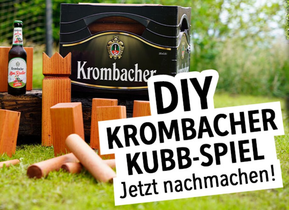 Krombacher AlmRadler Flasche mit Wikingerschach und Text: DIY Krombacher Kubb-Spiel Jetzt nachmachen.