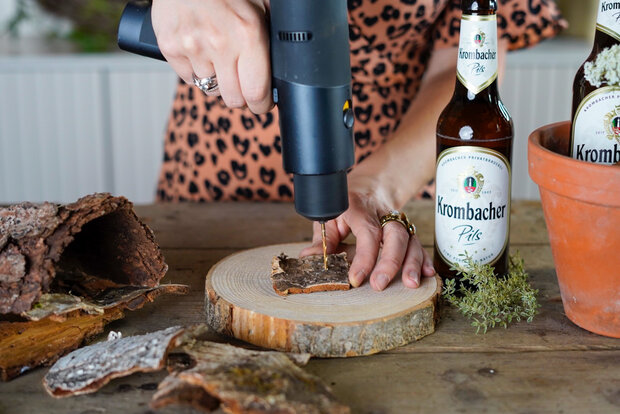 In ein Rindenstück werden Löcher gebohrt.