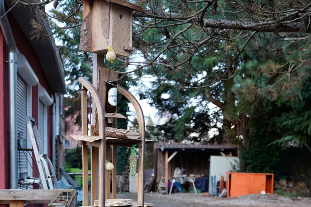 Fertiges Vogelhäuschen wird aufgestellt.