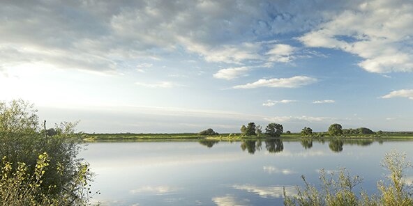 Ruhiger See in dem sich Bäume und Landschaft spiegeln. Im Hintergrund stehen vereinzelt Bäume, der Himmel ist blau und leicht bewölkt.