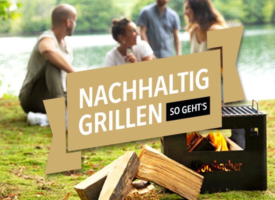 Vier Personen sitzen an einem See am Feuer mit dem Text: Nachhaltig Grillen. So Gehts.