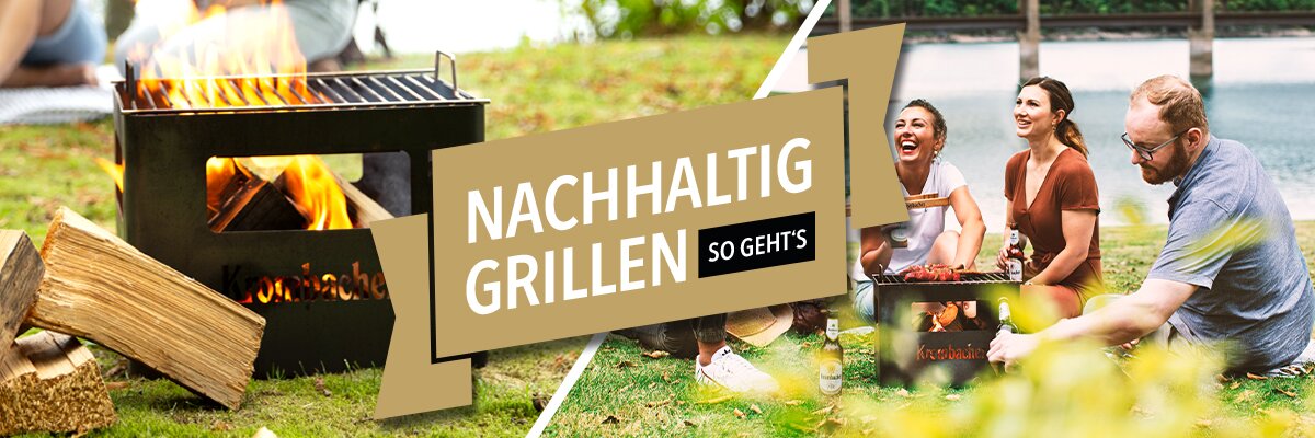 Vier Personen sitzen an einem See am Feuer mit dem Text: Nachhaltig Grillen. So Gehts.