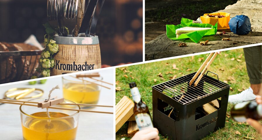 Vier Unterbilder mit einem Krombacherhalter für Besteck, einem Grill, einem Glas mit einer gelben Flüssigkeit und Essen in buntes Papier gewickelt.