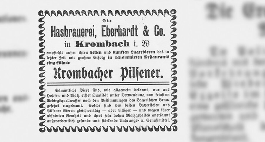 Historische Anzeige der Krombacher Brauerei aus dem Jahr 1890.