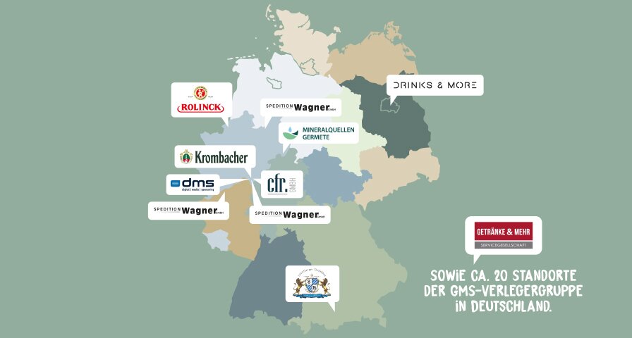 Karte von Deutschland mit verschiedenen Standorten der GMS-Verlegergruppe, Rolinck, Krombacher Brauerei, Starnberger Brauhaus, dms, c.f.r., Wagner, Drinks & More, Mineralquellen Germete.