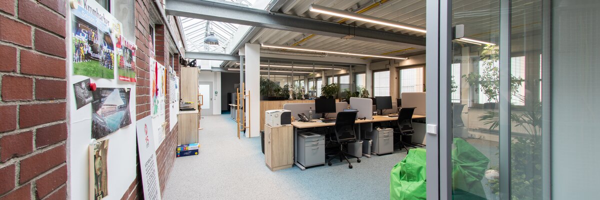 Blick in ein modernes Büro mit mehreren Arbeitsplätzen, Holzregalen und Pflanzen. Links sind Bilder an der Wand, rechts eine Glaswand mit einem grünen Sack.