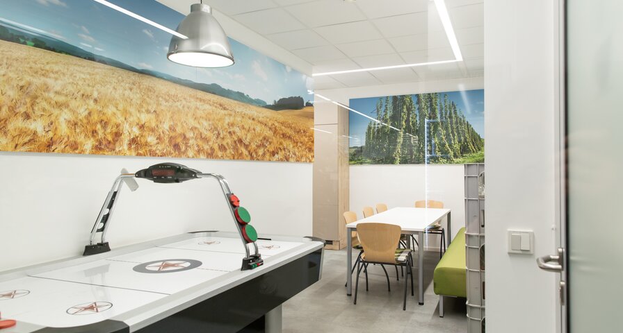 Ein Raum mit einem Airhockey-Tisch in der Mitte, umgeben von hellen Wänden mit Landschaftsbildern. Rechts ein Tisch mit sechs Stühlen und einer grünen Bank.