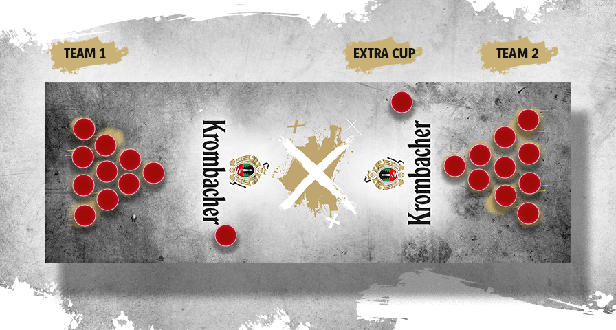 Abbildung eines Beerpong-Spielbrett von oben. Krombacher-Logo in der Mitte, rote Becher in Dreiecksform auf beiden Seiten