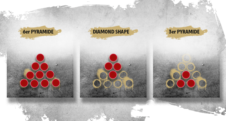 Drei Beerpong-Aufstellungen: links 6er Pyramide mit roten Bechern, Mitte Diamantform mit roten Bechern in der Mitte, rechts 3er Pyramide mit roten Bechern unten