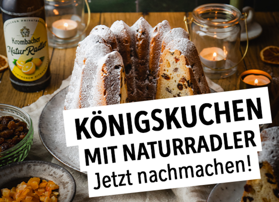 Der fertige Königskuchen mit Krombacher Naturradler.