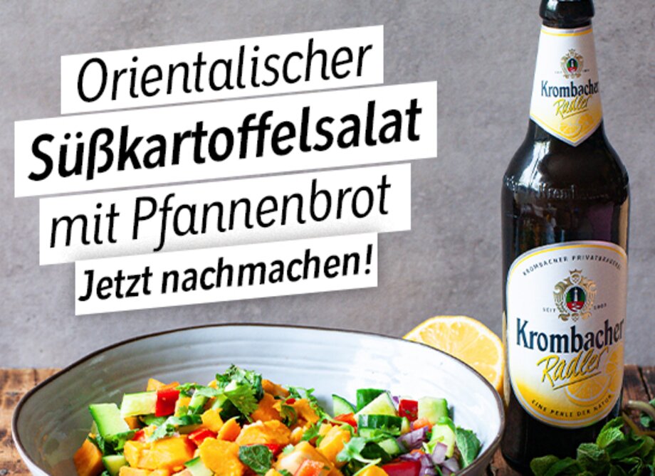 Ein orientalischer Süßkartoffelsalat mit Krombacher Radler.