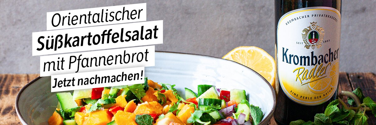 Ein orientalischer Süßkartoffelsalat mit Krombacher Radler.